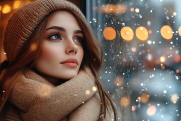 Young woman gazes thoughtfully out a window during a snowy winter day in the city