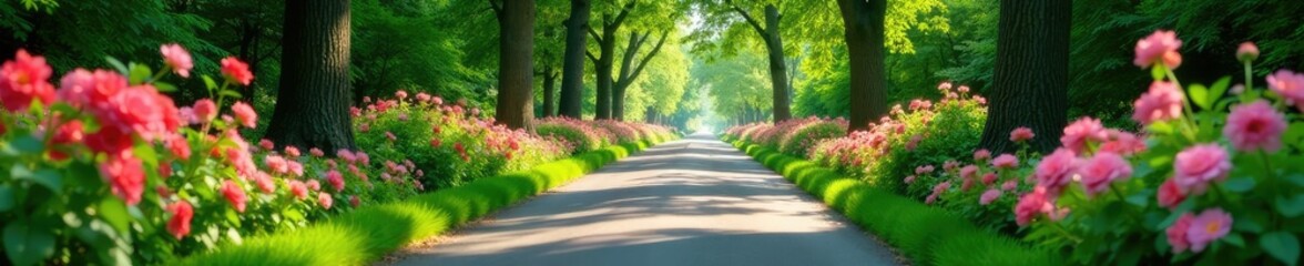 Obraz premium Roadway enveloped by lush foliage and blooming flowers, greenery, garden flowers