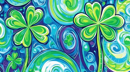 Fototapeta premium Swirling shamrocks, vibrant design, digital art, festive background, Irish holiday