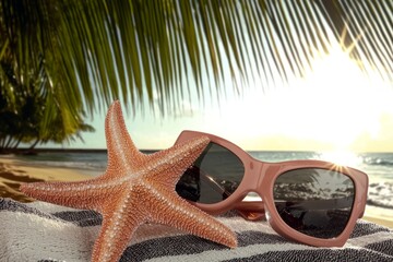 Starfish wearing sunglasses relax on a beach towel under palm trees at sunset