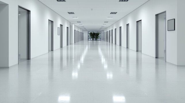 Long, bright office corridor; plant at the end; modern building interior; stock photo