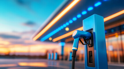 Electric Vehicle Charging Station with Colorful Lighting at Dusk in Urban Setting
