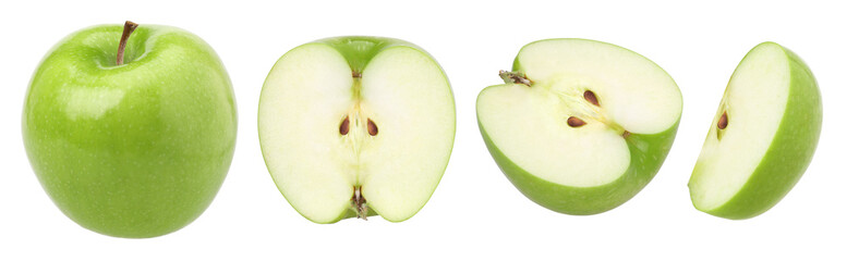 green apple (granny smith apple), half and slice isolated, transparent PNG, collection, PNG format, cut out