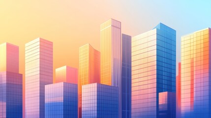 Modern City Skyline at Sunset Hues of Pink Orange and Blue