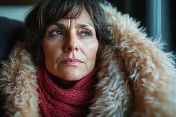 Woman wrapped in a cozy fur scarf gazes thoughtfully out of a window on a chilly afternoon