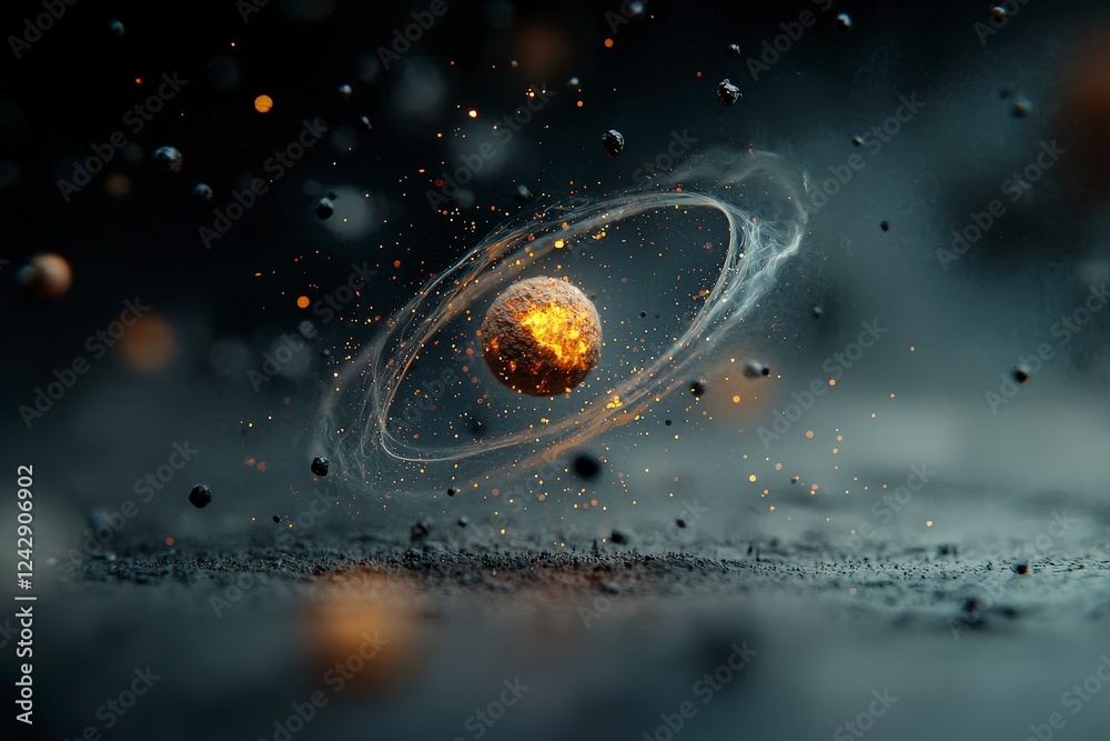 Poster beautiful floating planet with fiery core surrounded by cosmic particles in space setting