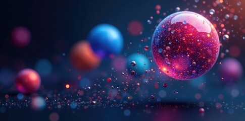 Colorful spheres embedded with glittering silver particles suspended in air on a dark indigo background, colorful, shimmer