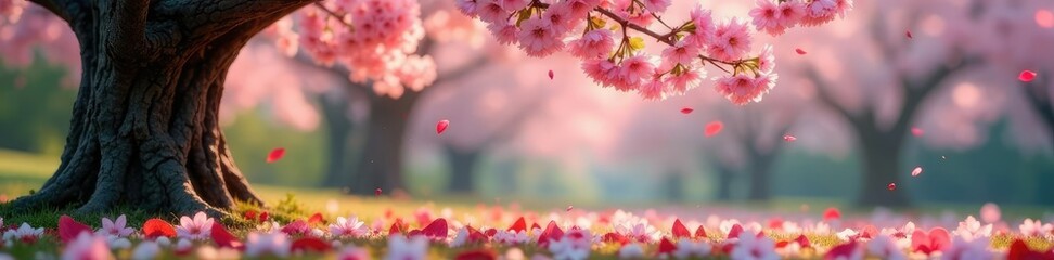 Obraz premium Cherry tree with blossoms and a few fallen leaves on ground, cherry, flowers, branches