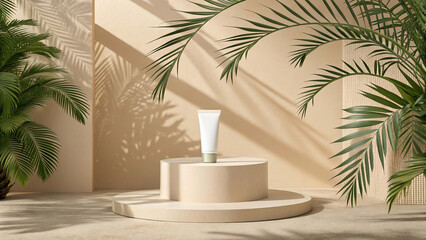 "Elegant Summer Podium Display: Minimalist 3D Stage with Abstract Light and Shadow for Natural Beauty Presentation"