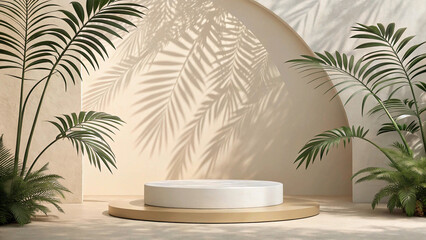 "Elegant Summer Podium Display: Minimalist 3D Stage with Abstract Light and Shadow for Natural Beauty Presentation"