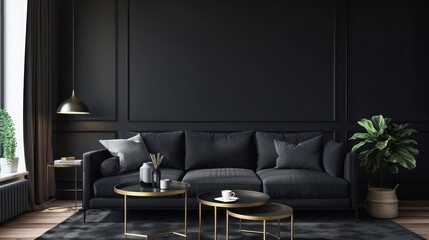 Fototapeta premium Stylish Black Living Room with Dark Grey Sofa and Brass Table Lamp