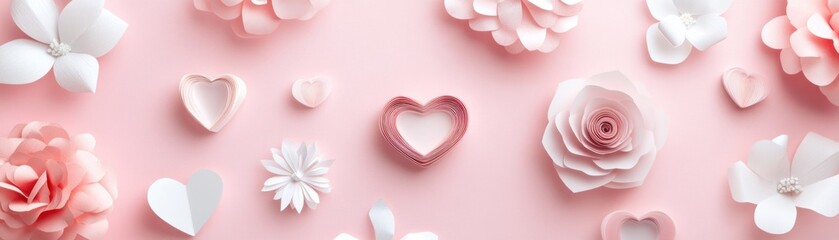 Pink and White Paper Flowers and Hearts Design