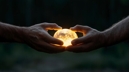 Hands Holding Glowing Sphere Symbolizing Energy, Connection, Hope, and Transformation in Nature's Embrace