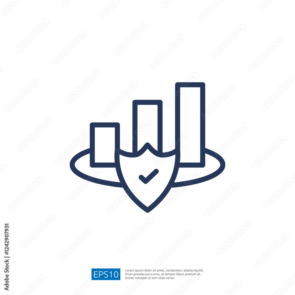 Poster data analytics icon featuring shield symbolizing protection with bar graphs representing growth and 