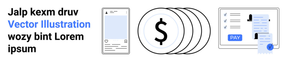 Mobile transaction interface, dollar sign coins, and detailed receipt convey digital payments, e-commerce, invoicing, and budgeting. Ideal for finance, technology, apps online shopping banking