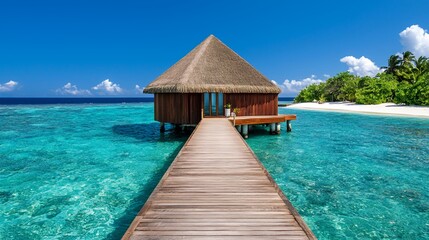 Wooden Overwater Bungalow and Pristine Beach in Tropical Paradise