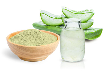 Aloe vera herbal powder with aloe vera plant and aloe gel in bottle isolated