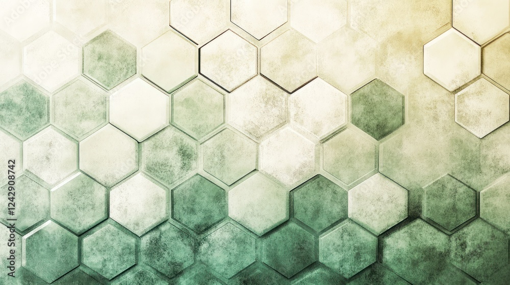 Poster Abstract Hexagonal Tile Pattern in Green and Beige Tones