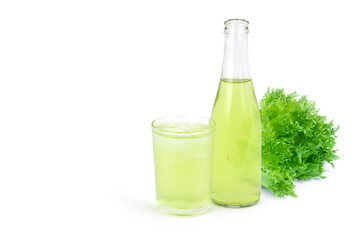 bottle of cabbage vegetable juice with green leaf isolated white