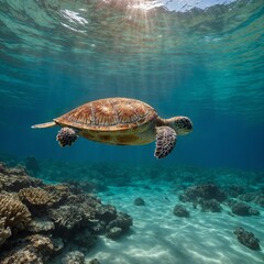 Obraz premium Sea Turtle Swimming in Clear Ocean Water. sea turtle swimming. 