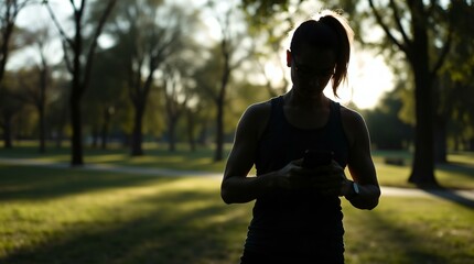 Silhouetted figure of a person in their 30s wearing workout gear, taking a break from running in a park, looking at their phone, with light source behind the subject, a relaxed expression, and nature 