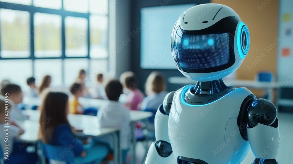Poster robot teacher in a modern classroom with students