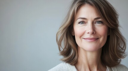Fototapeta premium Radiant confident mature woman smiling, perfect for anti aging skincare and beauty promotions