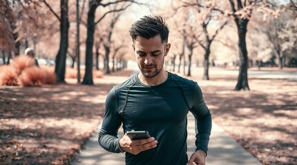 Surreal infrared image of a person in their 30s, wearing workout gear, taking a break while running in a park, looking at their phone, with a relaxed expression