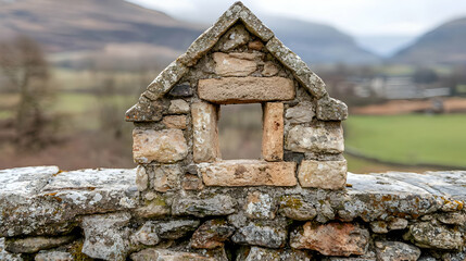 Stone house window in a rural landscape wall