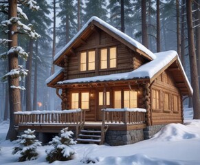 Wooden house facade against the backdrop of a pine branch in the snow, traditional, forest, wooden house