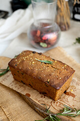Cinnamon bread loaf set on cafe table.