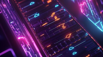 A high-tech server room with intricate glowing connections symbolizing global cloud data storage and exchange.