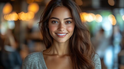Smiling woman cafe portrait, bokeh background, website use