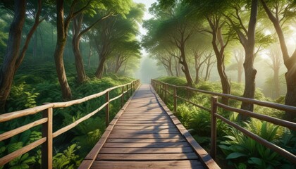 Fototapeta premium Wooden bridge pathway leading through a vibrant green forest canopy, adventure, vertical, green