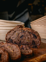 Freshly Baked Artisan Chocolate Sourdough Bread on Wooden Table.
