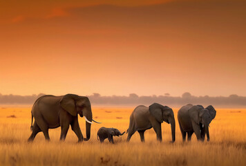 Fototapeta premium Elephant Family Walking Across Golden African Savanna at Sunset Capturing the Beauty of Wildlife Herd Unity and Parental Bond in Stunning Nature Photography That Evokes Strength Protection and Freedom