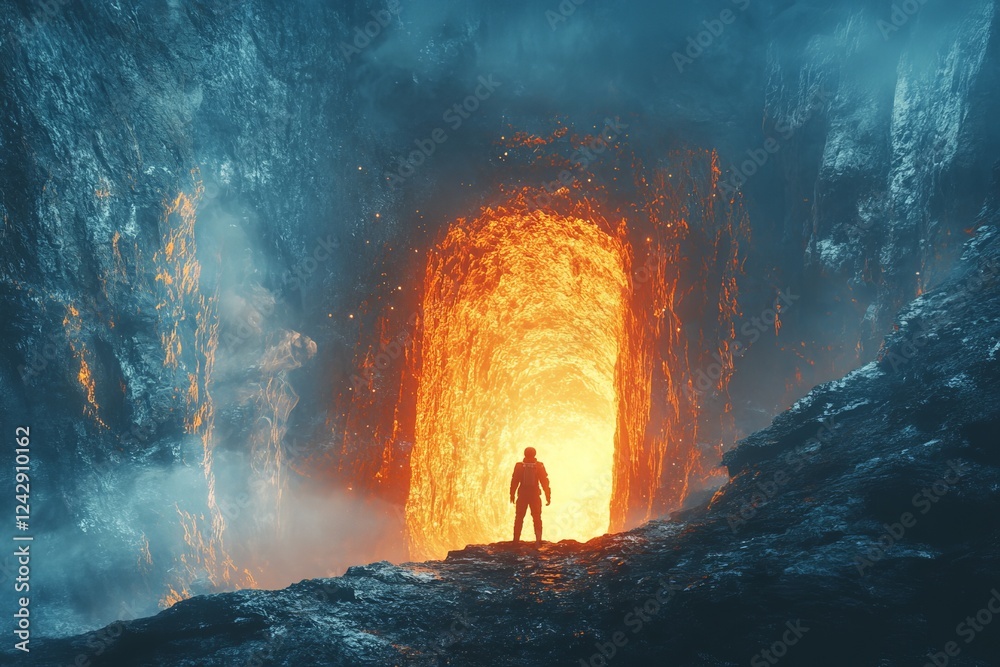 Poster fire and ice contrast at a glowing lava entrance within a rocky cave at twilight, depicting an adven