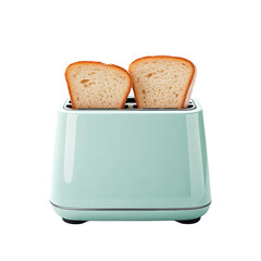 A light teal two-slice toaster with two slices of golden brown toast popping up.