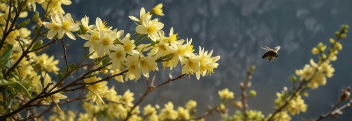 Winter jasmine flowers covered in a layer of bees collecting nectar and honey , flowers, blossoms