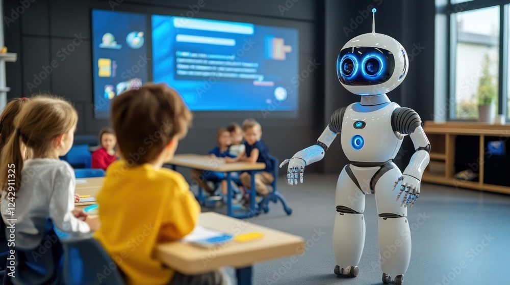 Poster robot teacher instructs young children in a classroom setting