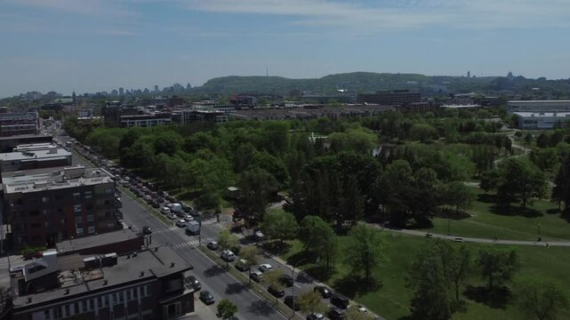 Aerial view of Mont Royal and Montreal skyline behind city park