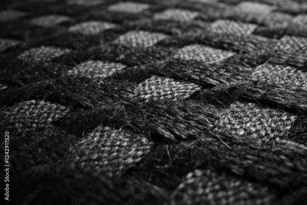 Poster textured black and grey woven fabric showcasing intricate patterns and depth in natural light