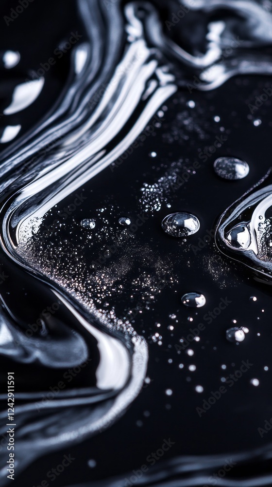 Aufkleber intricate swirls of metallic silver flow gracefully over a deep black backdrop, while delicate bubbl