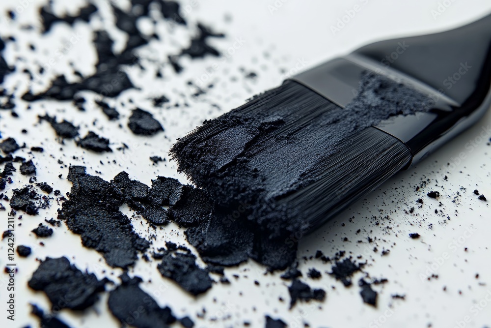 Poster close up of black powder and paintbrush creating artistic textures on a clean surface