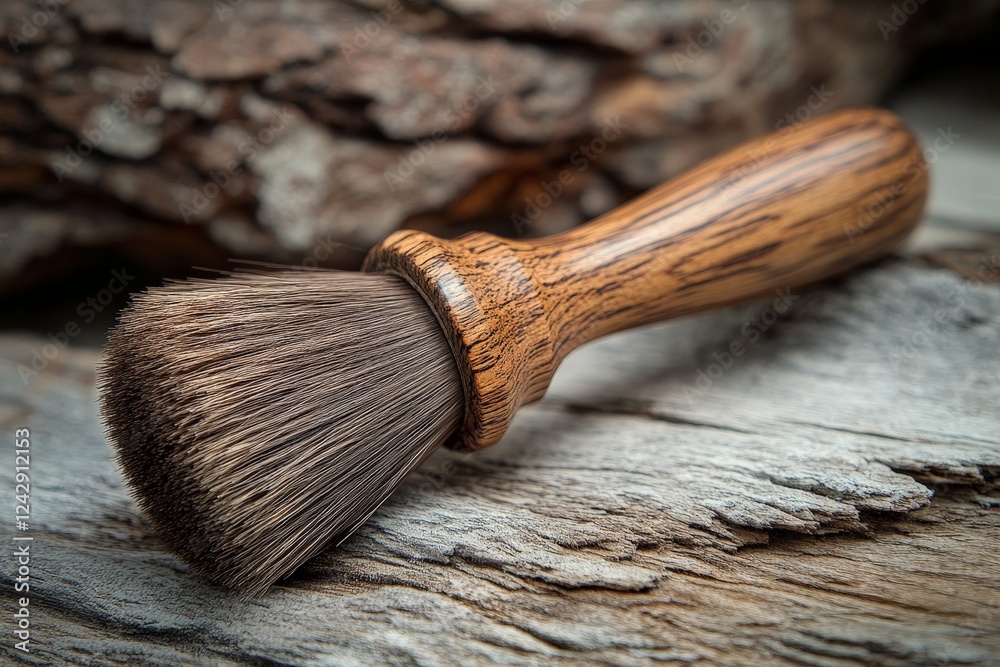 Poster craftsman uses a wooden brush on natural wood surface during a creative project in a rustic setting