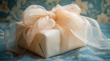 cream colored gift presentation, diaphanous organza bow details, decorative floral background pattern, high key lighting, professional still life, soft ambient shadows, luxury product shot, refined