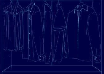 A blue image of a closet with clothes hanging on hangers. The clothes are all different colors and styles, and the closet is empty
