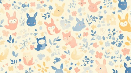 Whimsical animal patterns playful background digital art soft colors cheerful vibe