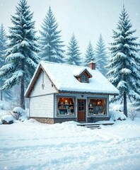 Fototapeta premium White snow covering the roof of a small shop house with pine trees in the background, natural surroundings, pine tree forest, evergreen trees