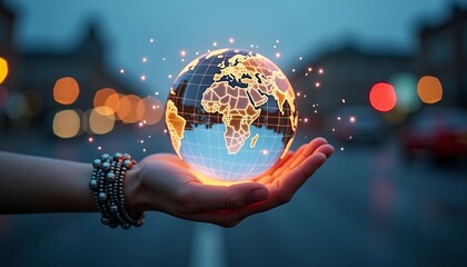 Fototapeta premium Hand Holding Glowing Digital Globe with World Map
